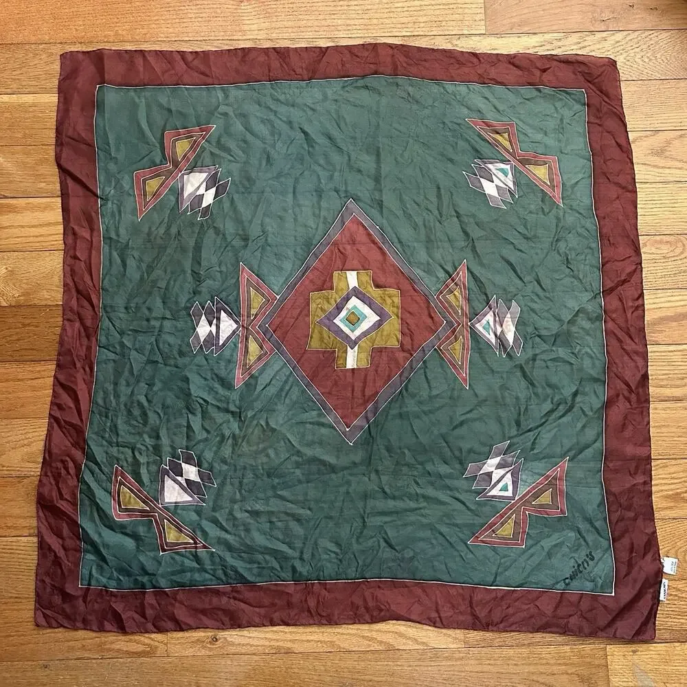 Vintage 70s Chicos 100% Silk Southwestern Aztec Huge Square Scarf 34x34”
